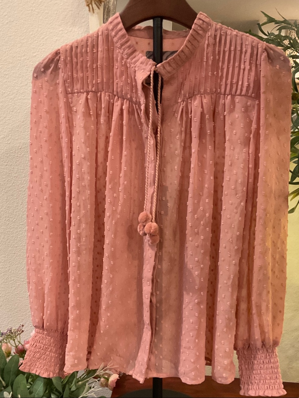 Opryland Pink Chiffon Tie-Neck w/ Pom Pom’s Swiss Dot Blouse in Dusty Rose
